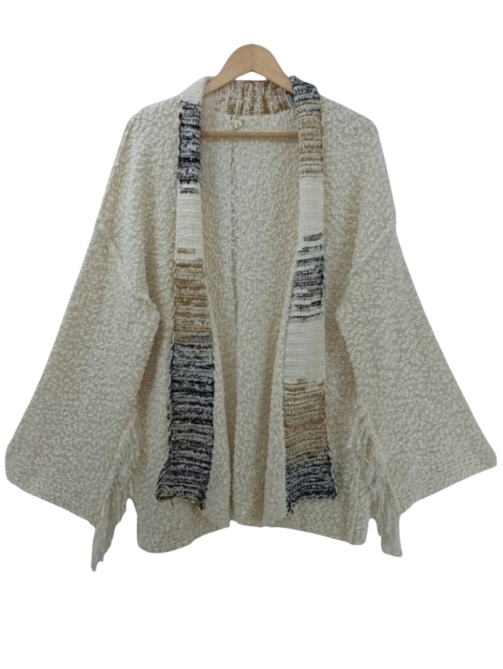 POL Chunky Knit Ivory Chenille Fringe Sleeve Open Front Cardigan Women's Large